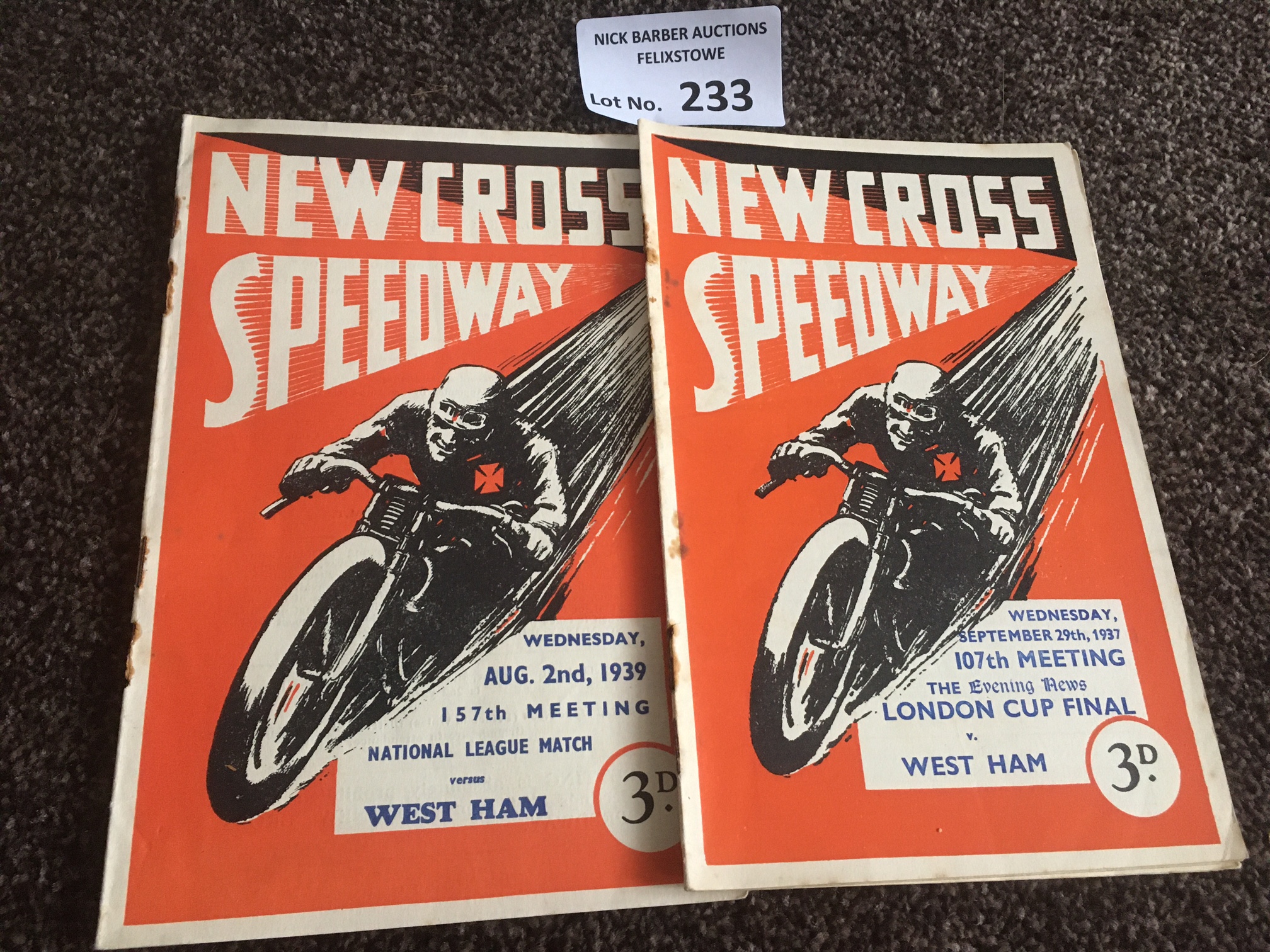 Speedway : New Cross progs v West Ham 02/08/1939 &