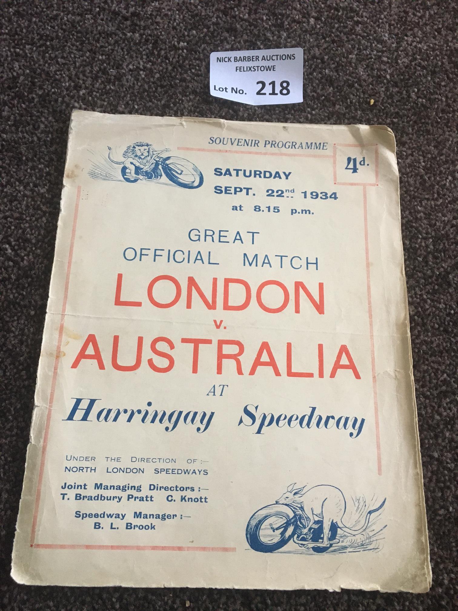 Speedway : Harringay - London v Australia large pr