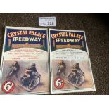 Speedway : Crystal Palace programmes (2) v Sheffie