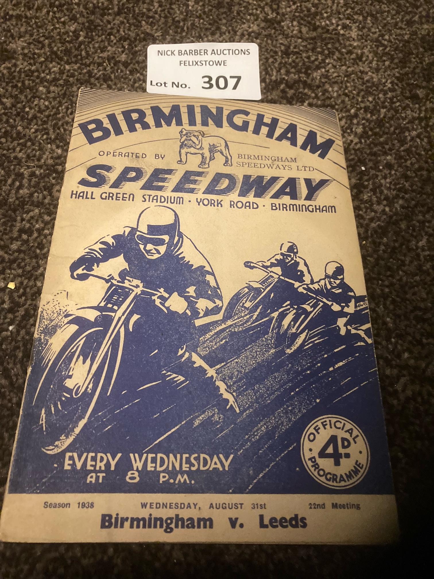 Speedway : Birmingham v Leeds programme 31/08/1937