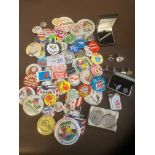 EPHEMERA: Nice box of tin badges 1980's and variou