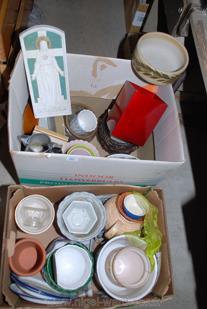 Two boxes of various planters, jugs, vases, flower posies, etc.