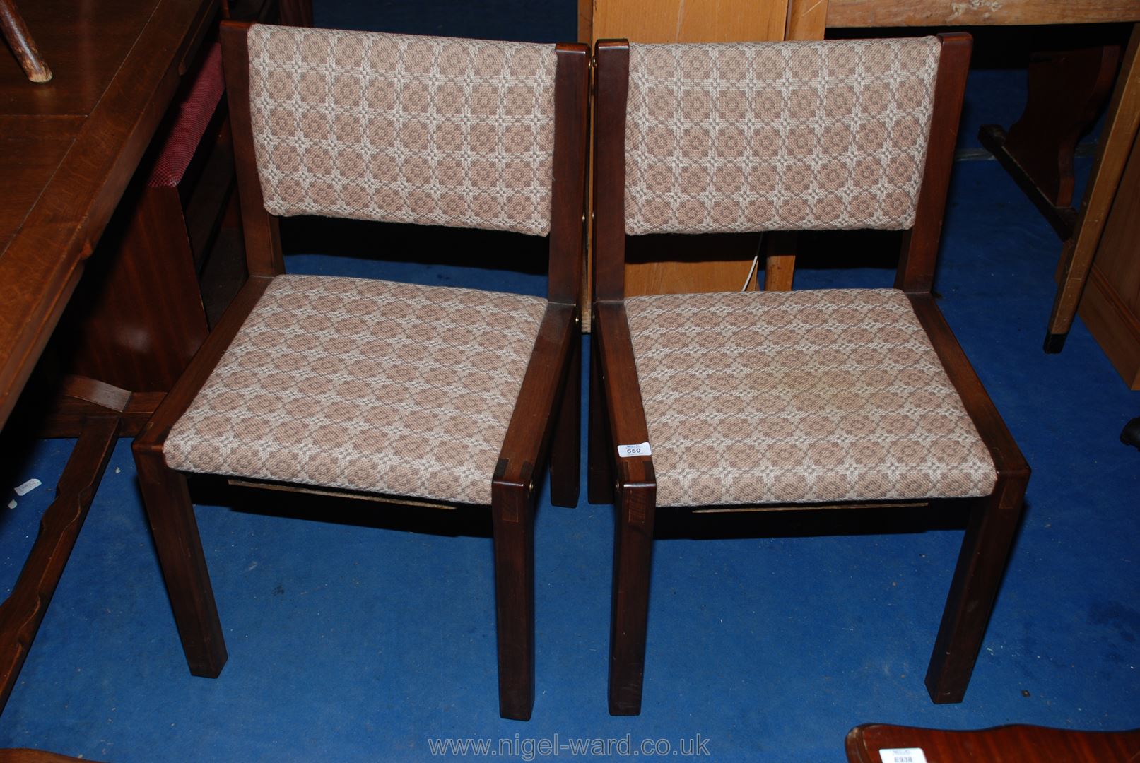 Six specially-commissioned Welsh loom wool upholstered, dark Mahogany framed chapel chairs,