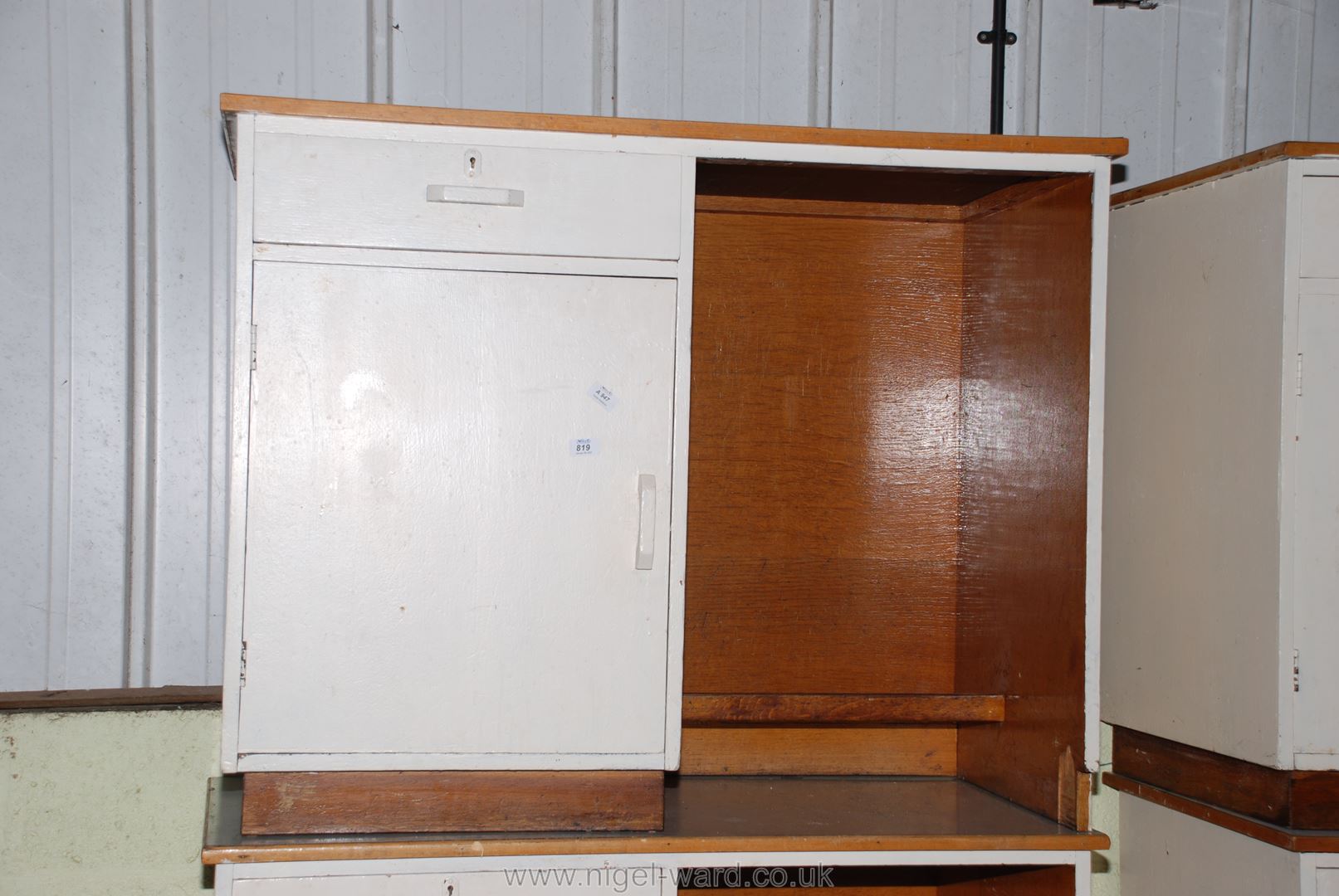 A painted knee-hole desk with one drawer and a cupboard to one side, 42" x 21" x 34" high.