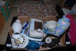 A box of various wine glasses and a box of vases, decorative chinaware, etc.