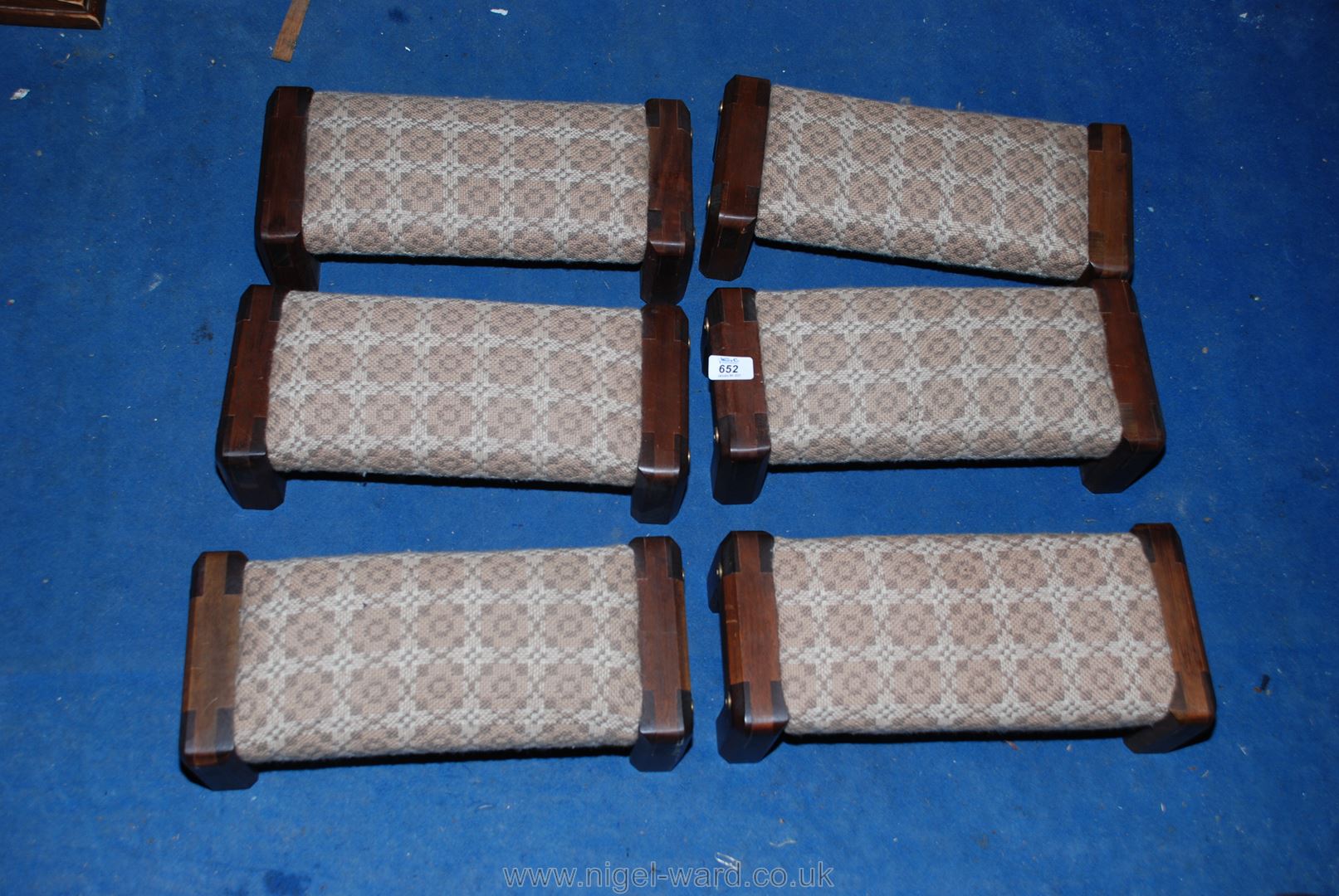 Six specially-commissioned Welsh loom wool upholstered, dark Mahogany framed kneelers/hassocks.