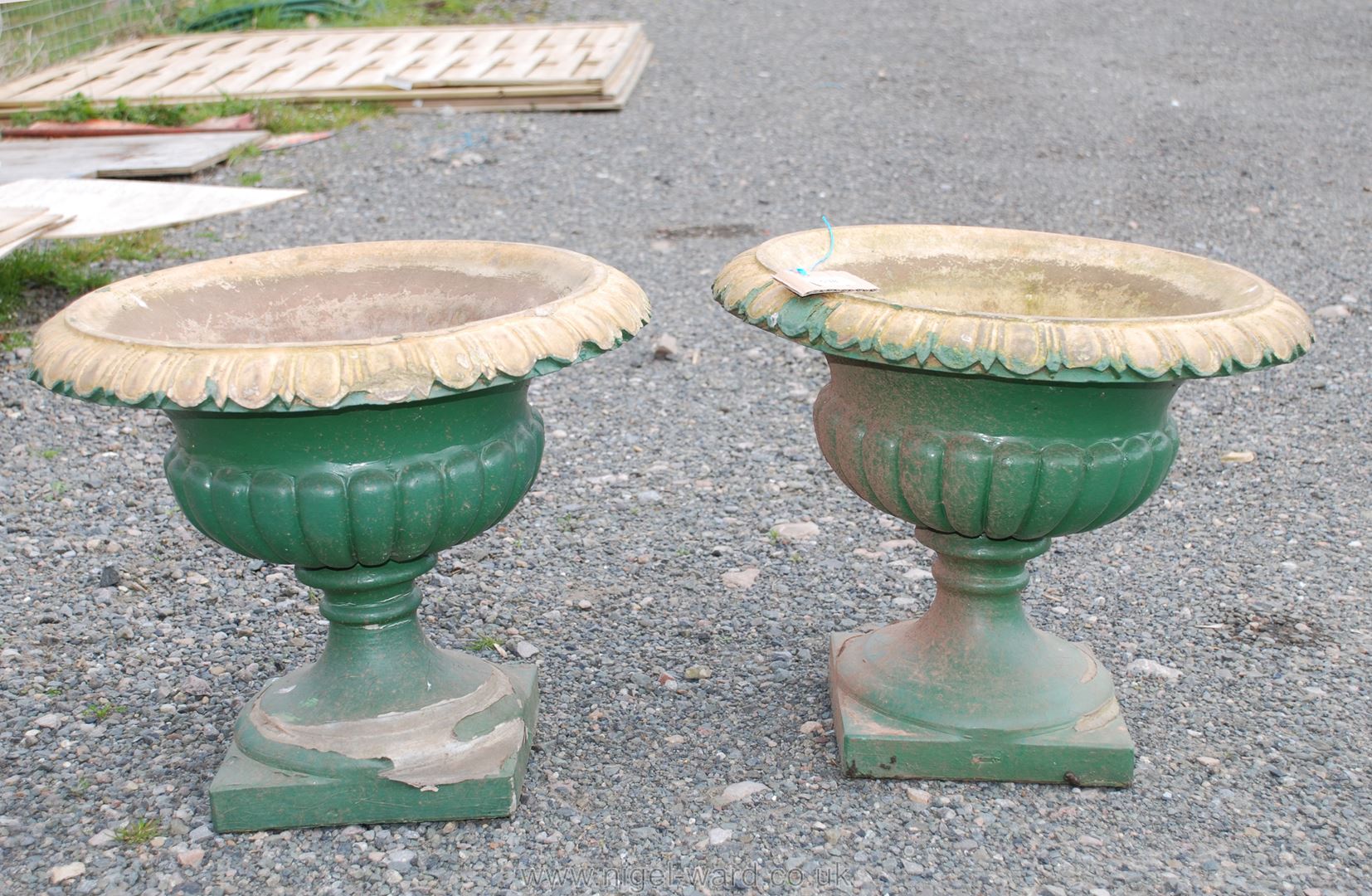 Pair of Doulton circular garden planters, 16'' high x 18'' diameter.