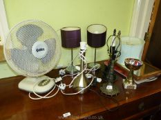 A box of desk fans, table lamps etc (in garage).