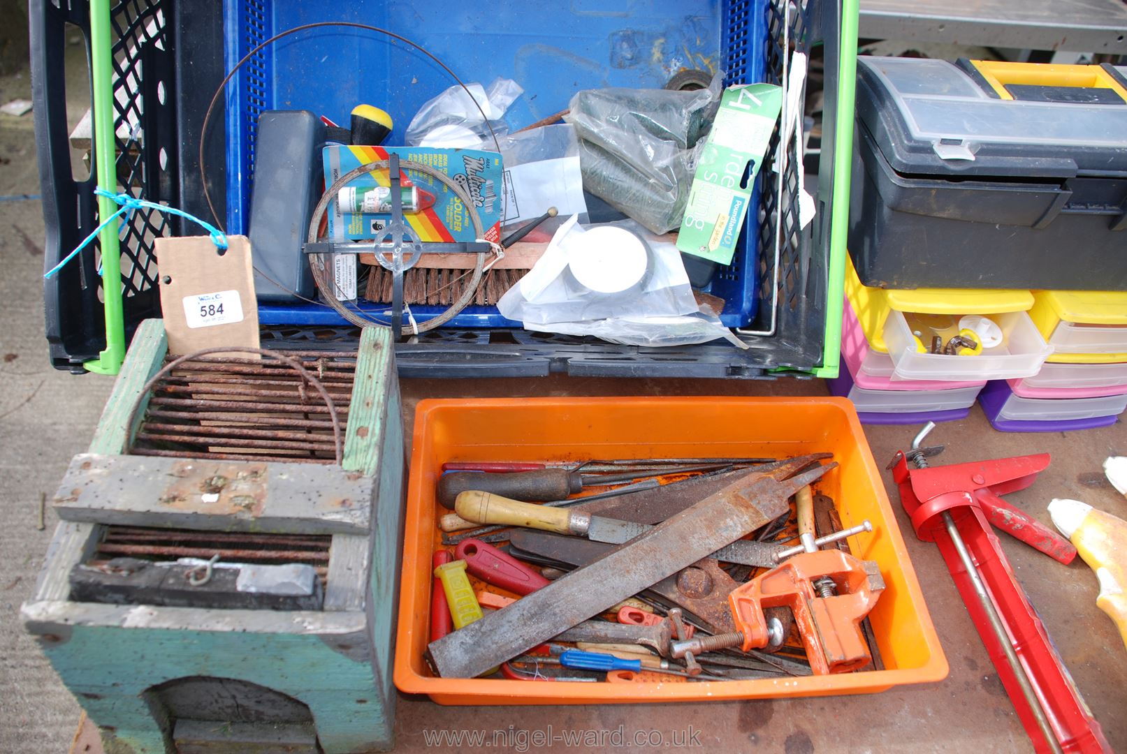 Tray of storage boxes, bird cage, files, - Image 2 of 3