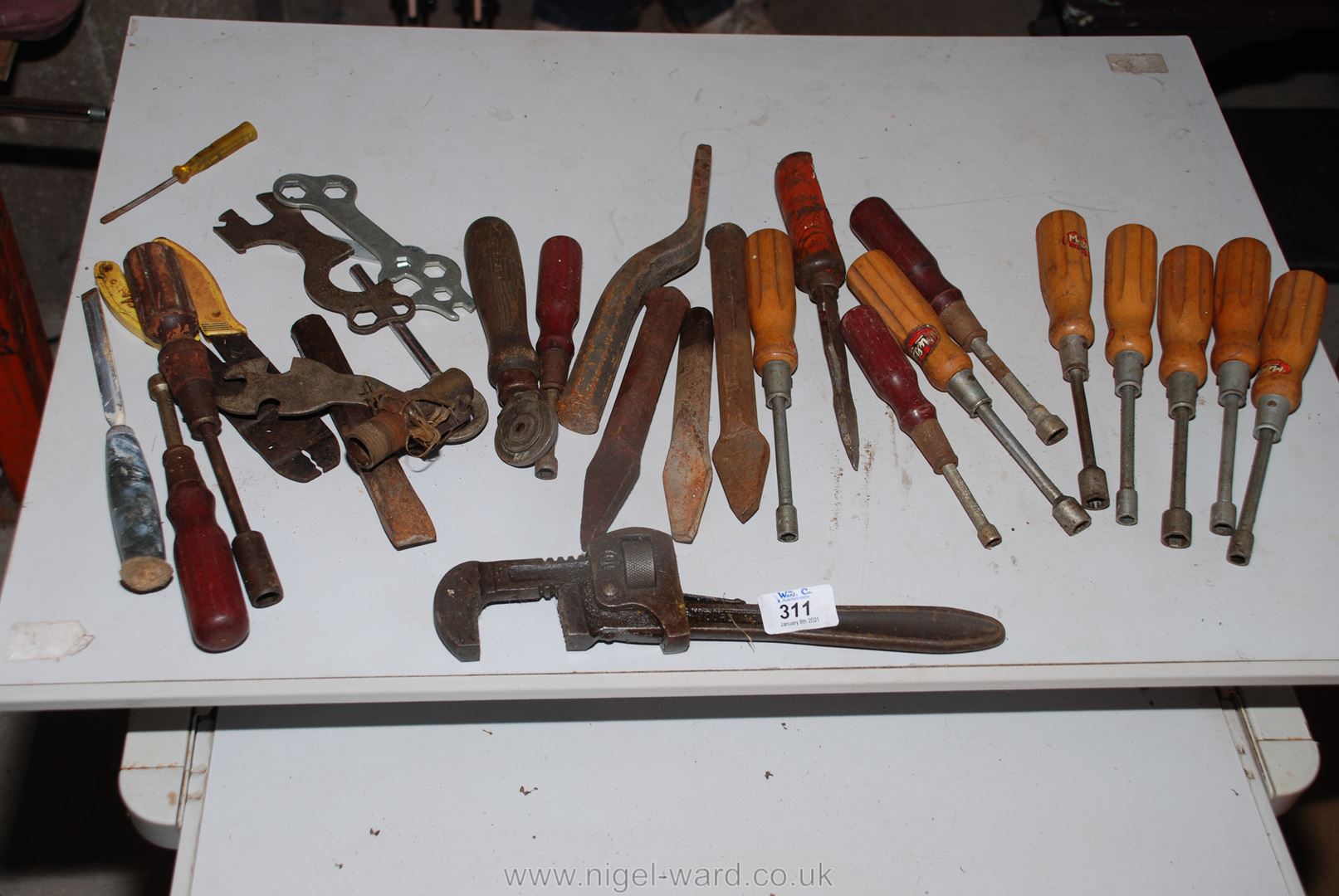 Quantity of socket drivers, various chisels, spanners, etc.