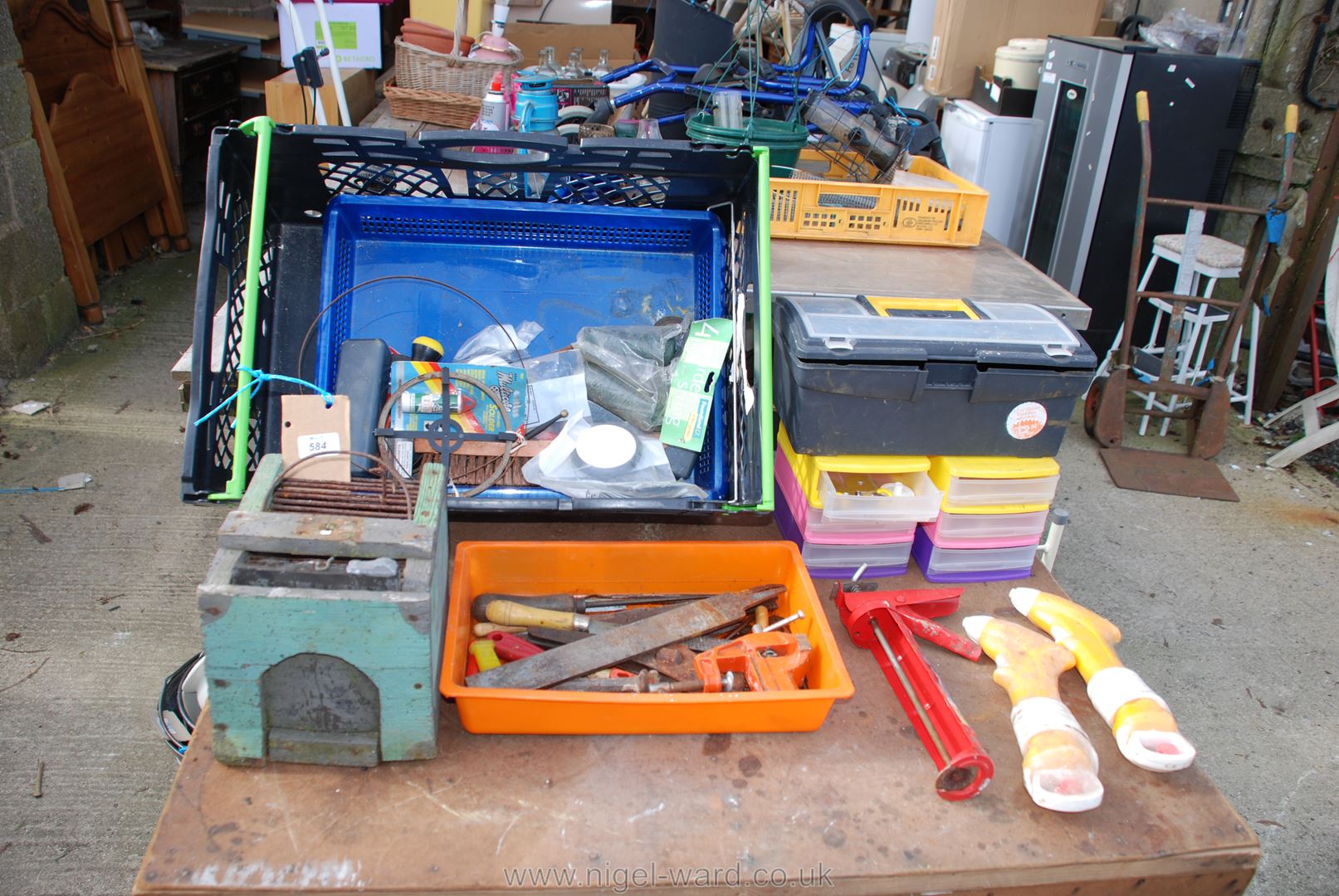 Tray of storage boxes, bird cage, files,