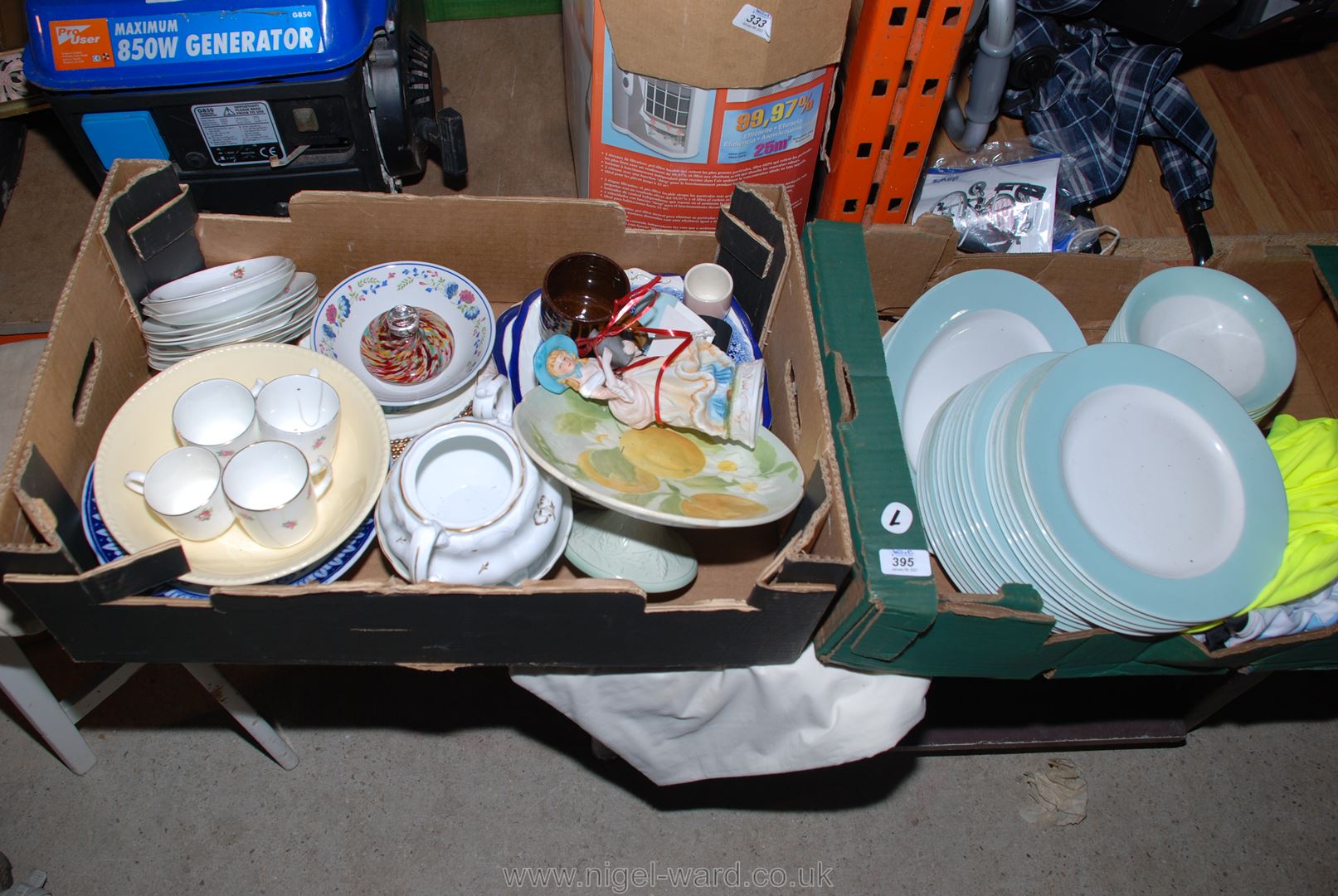 Two boxes of china, dinner plates, bowls, ornaments, etc.