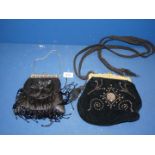 Two evening bags , one black velvet with stud work the other black with beading ,