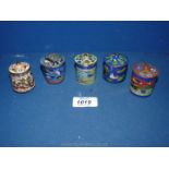 Five pretty miniature cloisonne lidded pots,