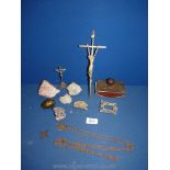 A quantity of quartz pieces, crucifix, blotter, etc.