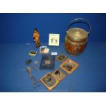 Four Daguerreotype type photographs, New Zealand coin set, biscuit barrel, candle snuffer,