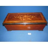 A Victorian music box Case in Mahogany with inlaid border and the top decorated with a hunting