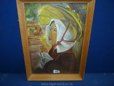 A framed and mounted Watercolour depicting a Tibetan Nun, written verso by F.G.