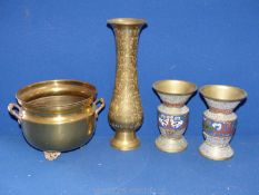 A Brass Jardiniere and three brass Vases.