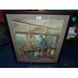 A large framed picture of a man in his potting shed with his dog