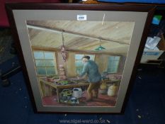 A large framed picture of a man in his potting shed with his dog