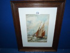 A wooden framed and mounted watercolour of a sailing boat being towed by a steam boat,