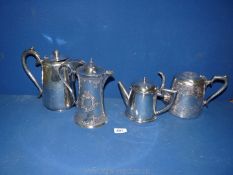 A box of silver plated teapots, one embossed with flowers, Walker & Hall coffee pot, etc.