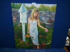 An oil on canvas of a lady in a garden with a dove cote.