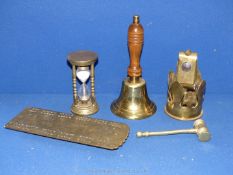 A small quantity of brass including bell, gavel, hourglass, trench art, cribbage board, etc.