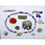 A quantity of jewellery including amethyst coloured cut and faceted bead necklace,