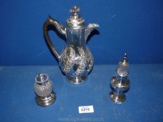 A plated embossed coffee Pot, pepper shaker and depose Pepper mill with glass centre.