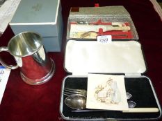 Two silver plated Christening sets and a Pewter christening Tankard.