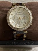 A Boxed Ladies Michael Kors Parker Chronograph Diamante Bezel Bracelet Strap Watch,