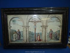 A dark framed Print of The Crucifixion after Perugino, 33 1/2" x 21".