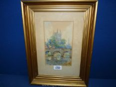 A gilt framed Watercolour depicting Wye Bridge and Hereford Cathedral in the distance, unsigned,