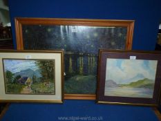 A framed oil painting of cottage and mountains and a Watercolour titled 'Reflections' by Annette
