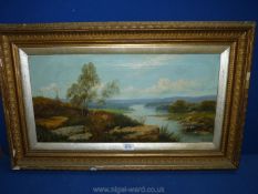 A gilt framed Oil on canvas depicting a river landscape with rolling hills in the distance and