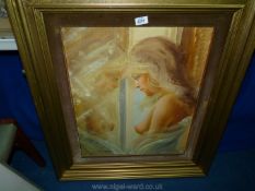 A framed Portrait of a young girl admiring her breasts in a mirror, signed Oil on canvas,