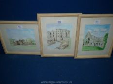 Three watercolours of Llanthony Abbey, Raglan Castle and Tintern Abbey by I.J. Draper.