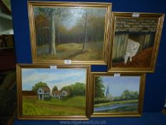 Four framed Oil on boards, a river scene with a church, a ewe and lamb by Gill Lewis,