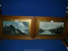 Two framed and mounted Prints of a late evening scene with figures walking a path by a river and