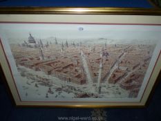 A large framed and mounted Print of London indistinctly signed lower right by The Artist.