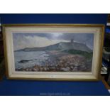 A large framed Oil on board depicting a coastal scene with large pebble beach,