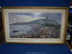 A large framed Oil on board depicting a coastal scene with large pebble beach,