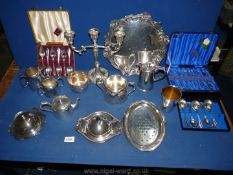 A quantity of plated items including candlstick, tray, teapots, etc.