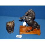 A bronzed figure of a Horse rearing on wooden plinth, 8" tall with base,