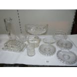 A quantity of glass including dessert set, footed dish, cut glass butter dish, salad bowls, etc.