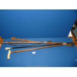 Four walking canes including one with leather thongs threaded through stick, copper collared,