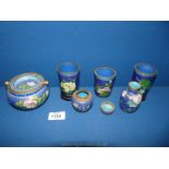 Six miniature Cloisonne pieces in blue.