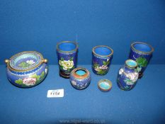 Six miniature Cloisonne pieces in blue.